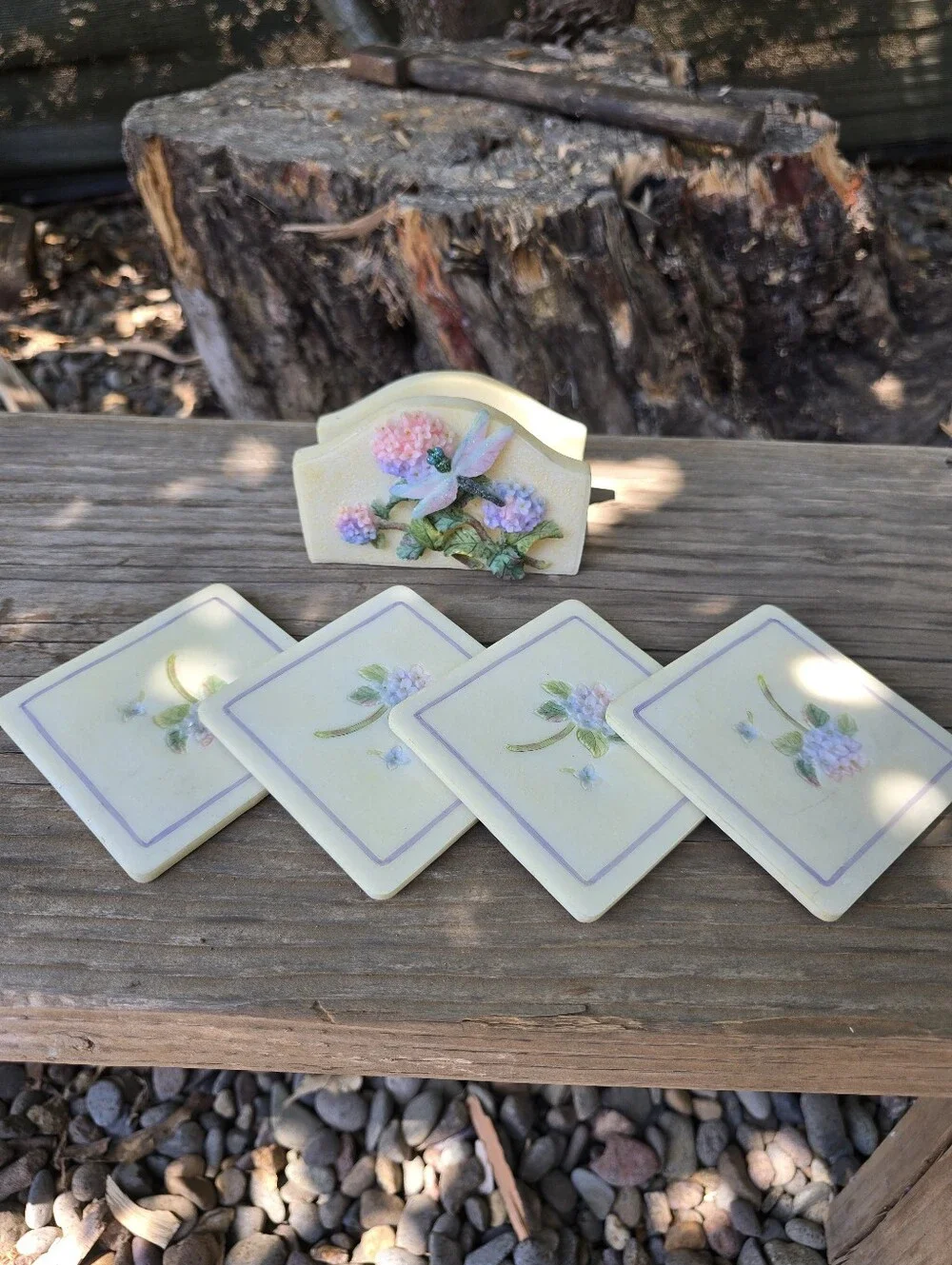 Vtg Dragonfly and Hydrangeas Pastel Coaster Set of 4 Resin 3D Cottagecore Shabby